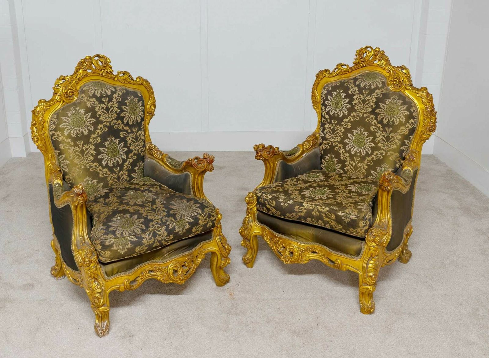 Pair French Gilt Arm Chairs Louis XVI Fauteuil