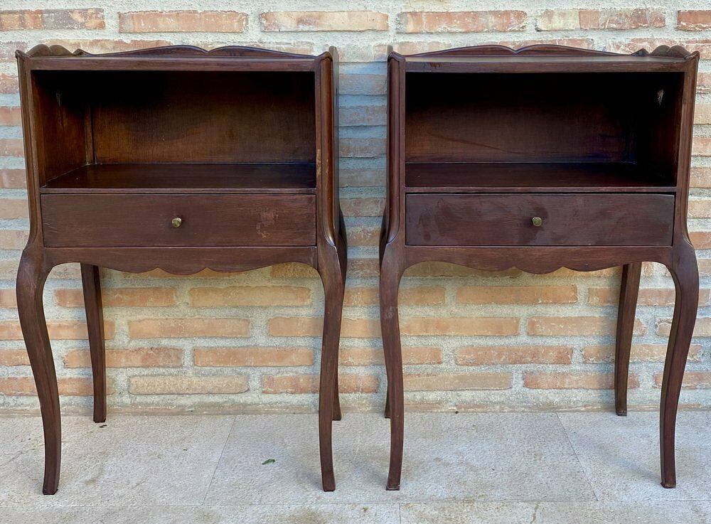 French Louis XV Style Walnut Nightstands, 1960s, Set Of 2
