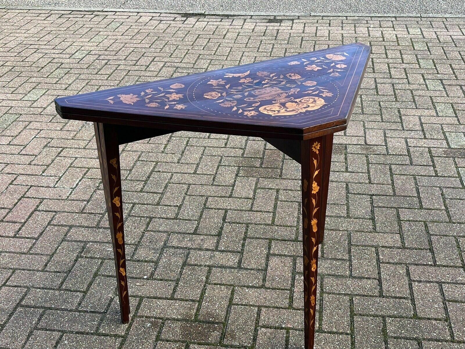 photo buy Antique Dutch Marquetry Games Table With Fold Over Lid & Card Playing Area