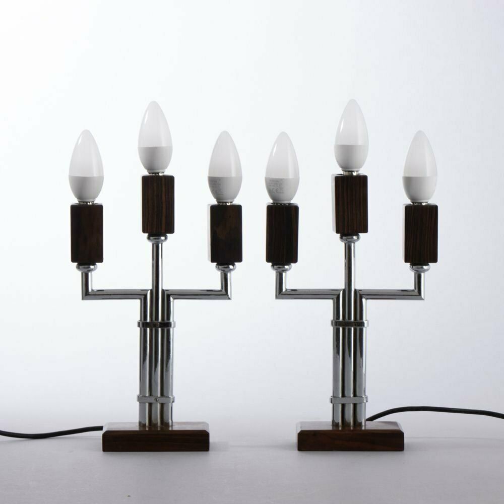 French Art Deco Pair Of Triple Candelabra Table Lamps In Macassar & Chrome C.1930