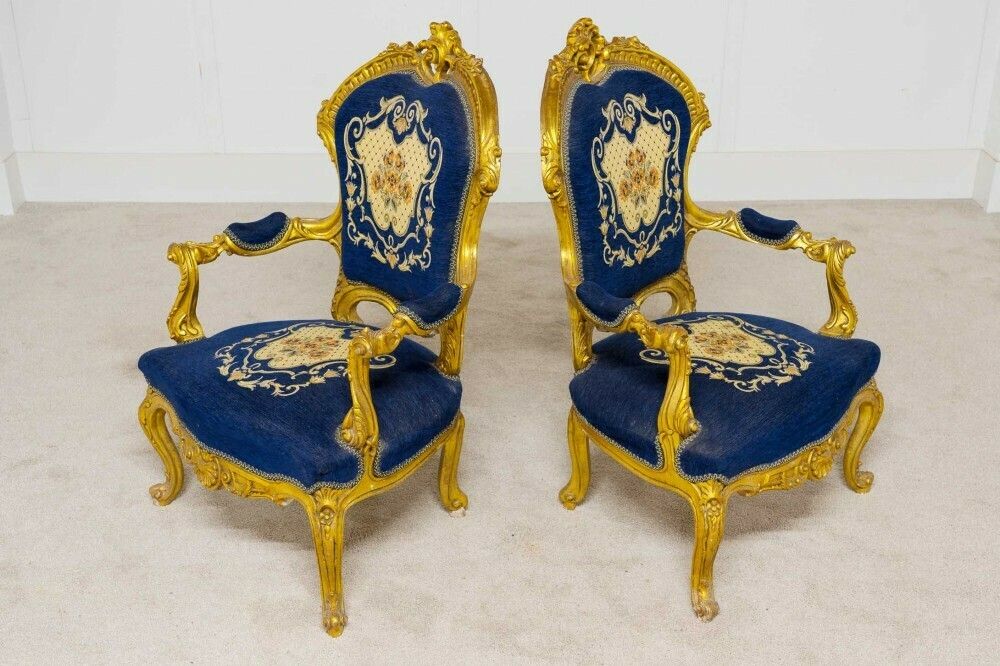 Pair Vintage Gilt Arm Chairs French Salon Fauteuil photo Furniture