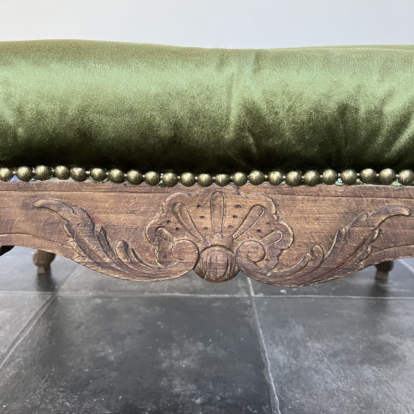 Beautiful 19th Century French Style Large Beechwood Buttoned Footstool Reupholstered In Sage Green Velvet photo Furniture