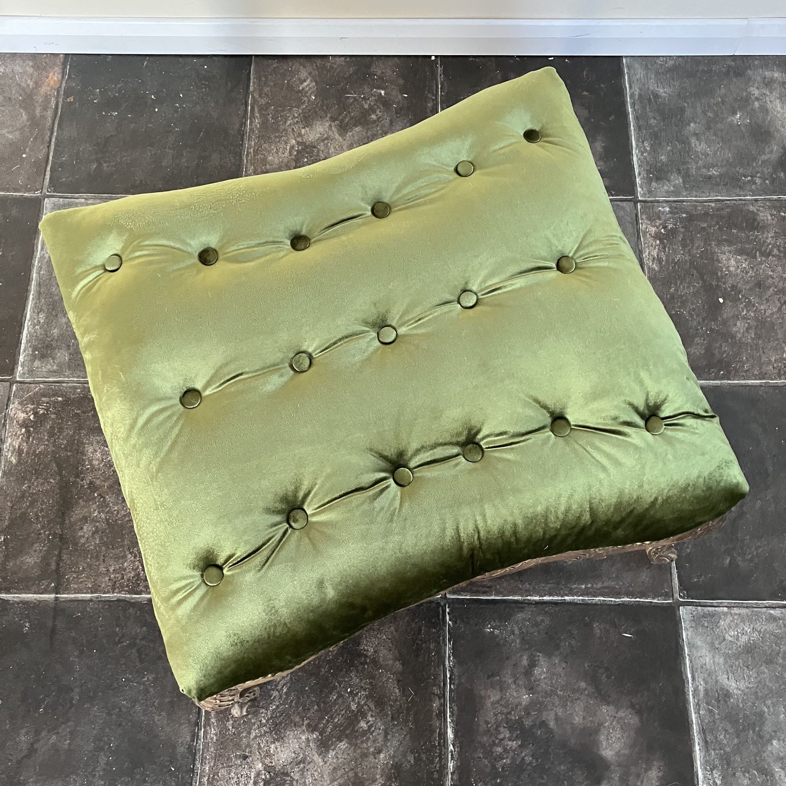 Beautiful 19th Century French Style Large Beechwood Buttoned Footstool Reupholstered In Sage Green Velvet photo buy