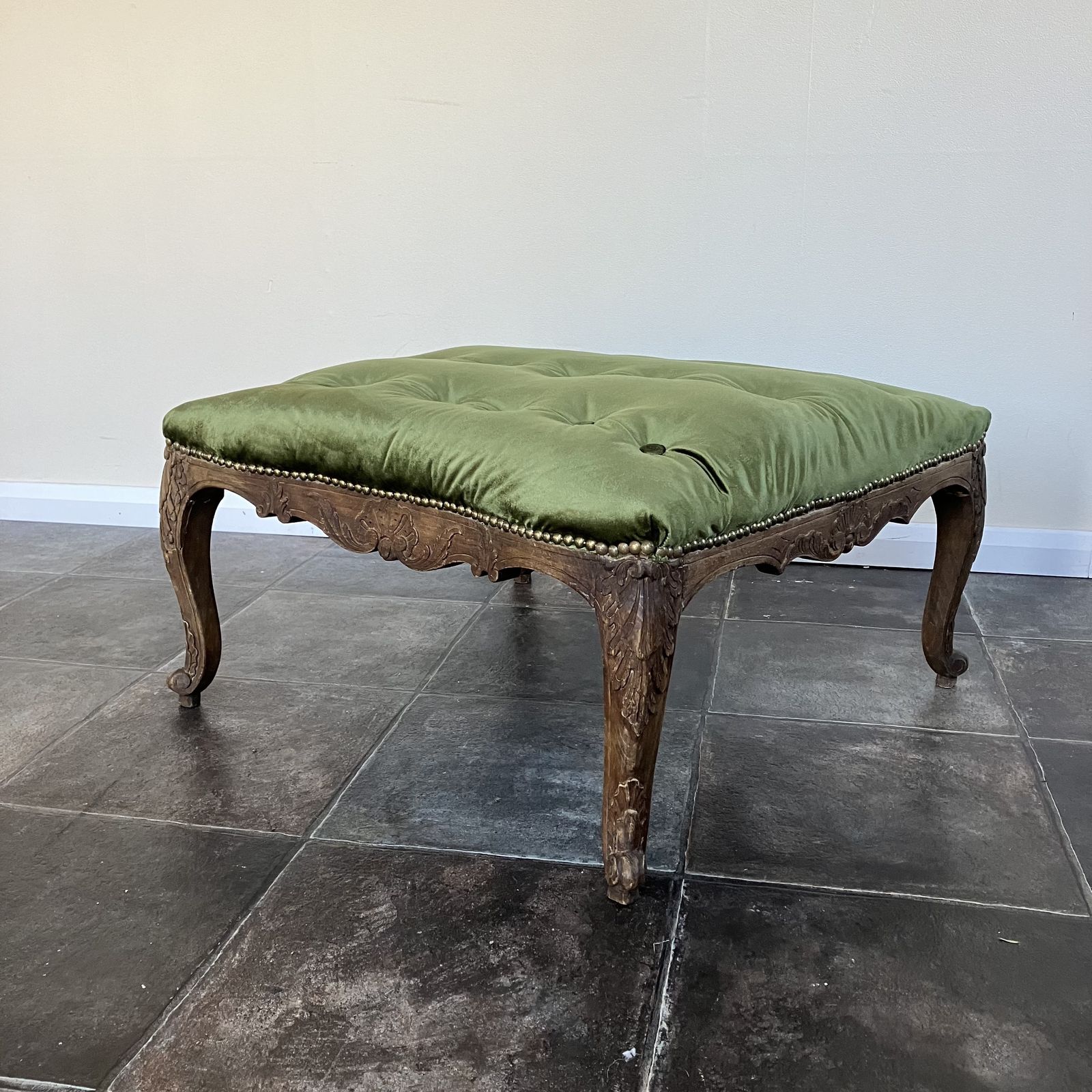 Beautiful 19th Century French Style Large Beechwood Buttoned Footstool Reupholstered In Sage Green Velvet