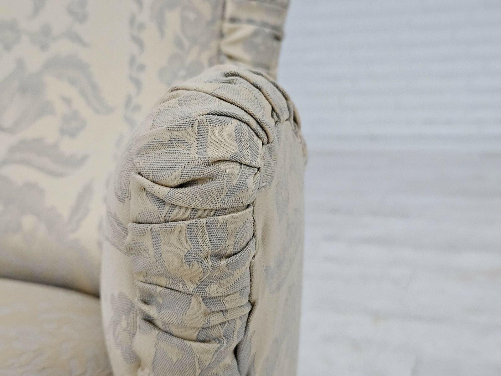 photo for sale 1950s, Danish Armchair, Reupholstered, Creamy/White Floral Fabric.