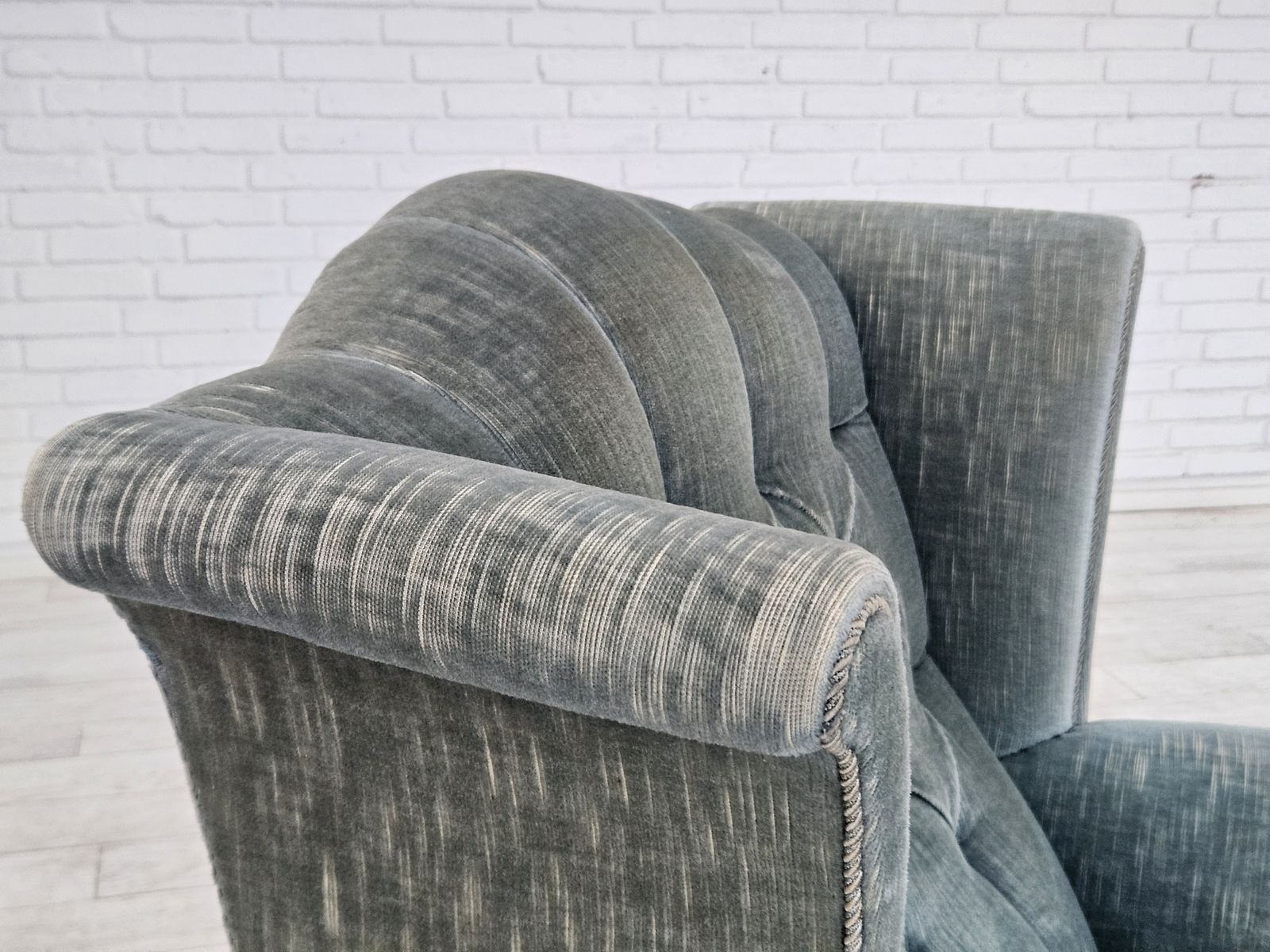 photo furniture 1960s, Danish Wingback Armchair, Light Blue Velour, Original Good Condition.
