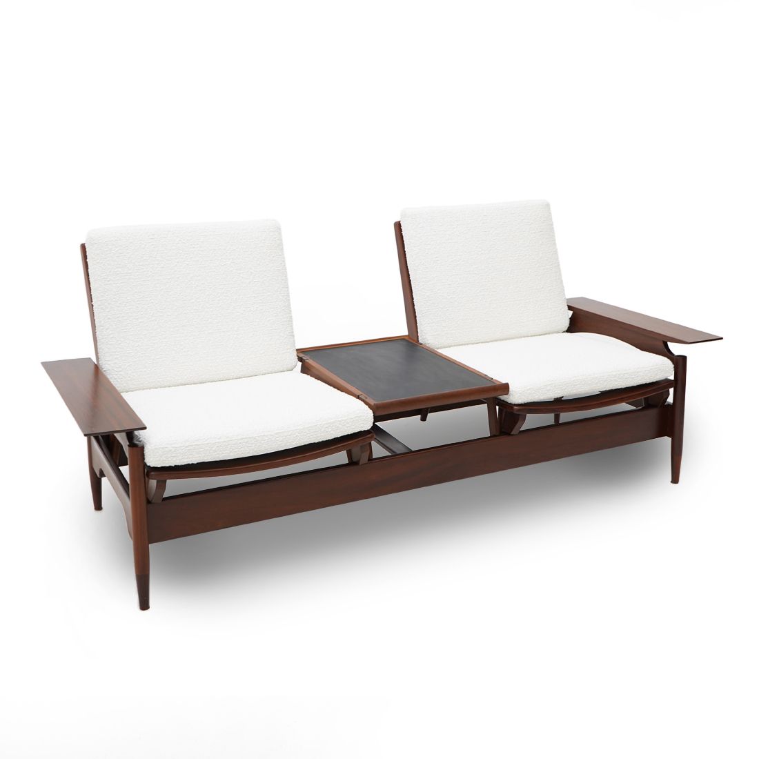 Sofa In Wood And White Bouclé By Mario Franchioni For Framar, 1960s