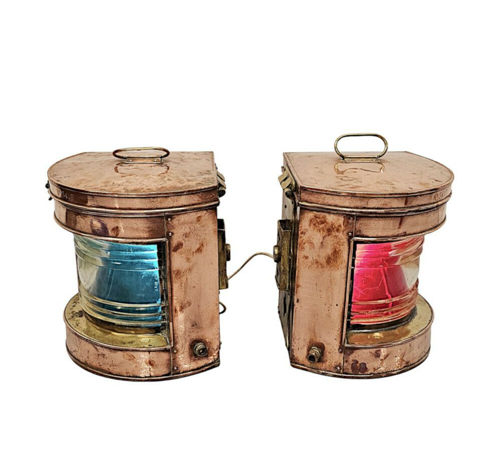 A Very Rare Pair Of Early 20th Century Copper And Brass Ships Lanterns photo 2065.4752