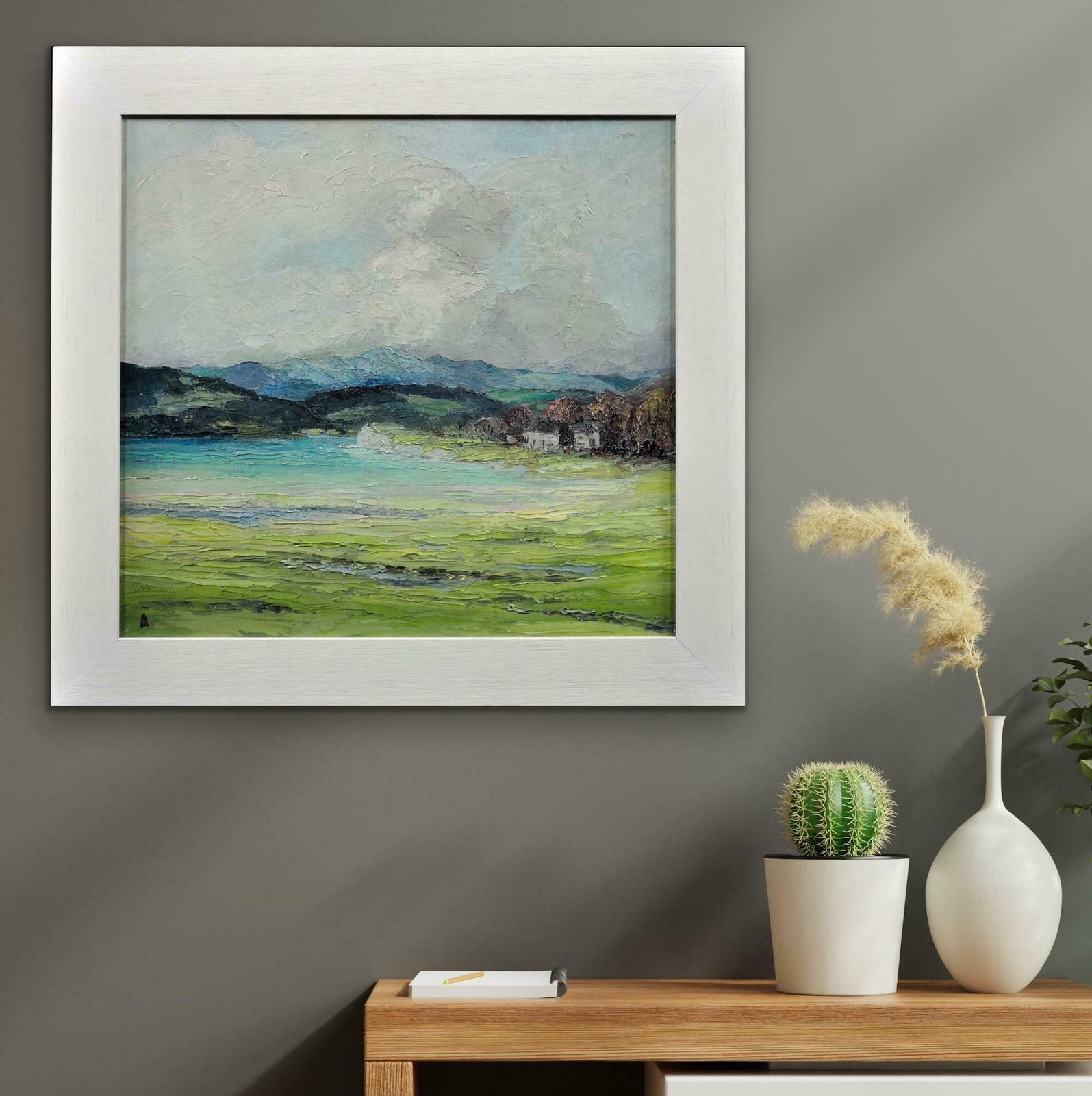 Helen Layfield Bradley 1900 To 1979. English. Sunshine & Shadows Across The Leven Estuary, 1965. Framed Lake District Landscape Impasto Oil Painting. photo vintage