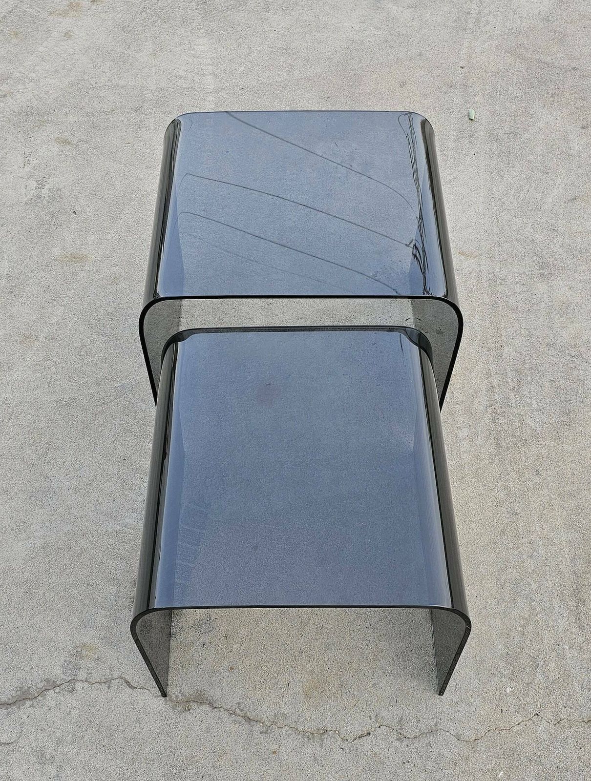 Set Of Two Glass Waterfall Nesting Tables Done In Tinted Glass Attributed To Fiam // Made In Italy In 1980s photo for sale