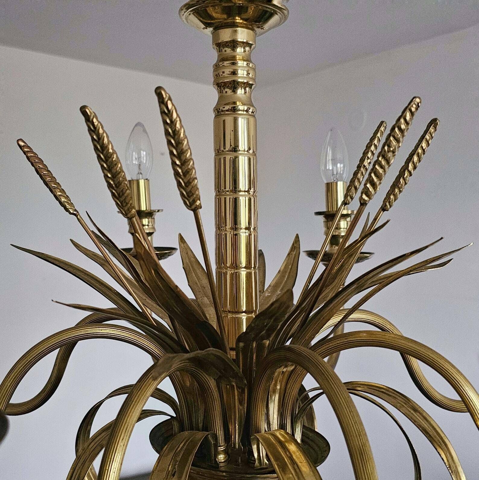 Large Hollywood Regency 8 Arm Chandelier With Golden Ears Of Wheat // Made In France In 1970s photo vinterior