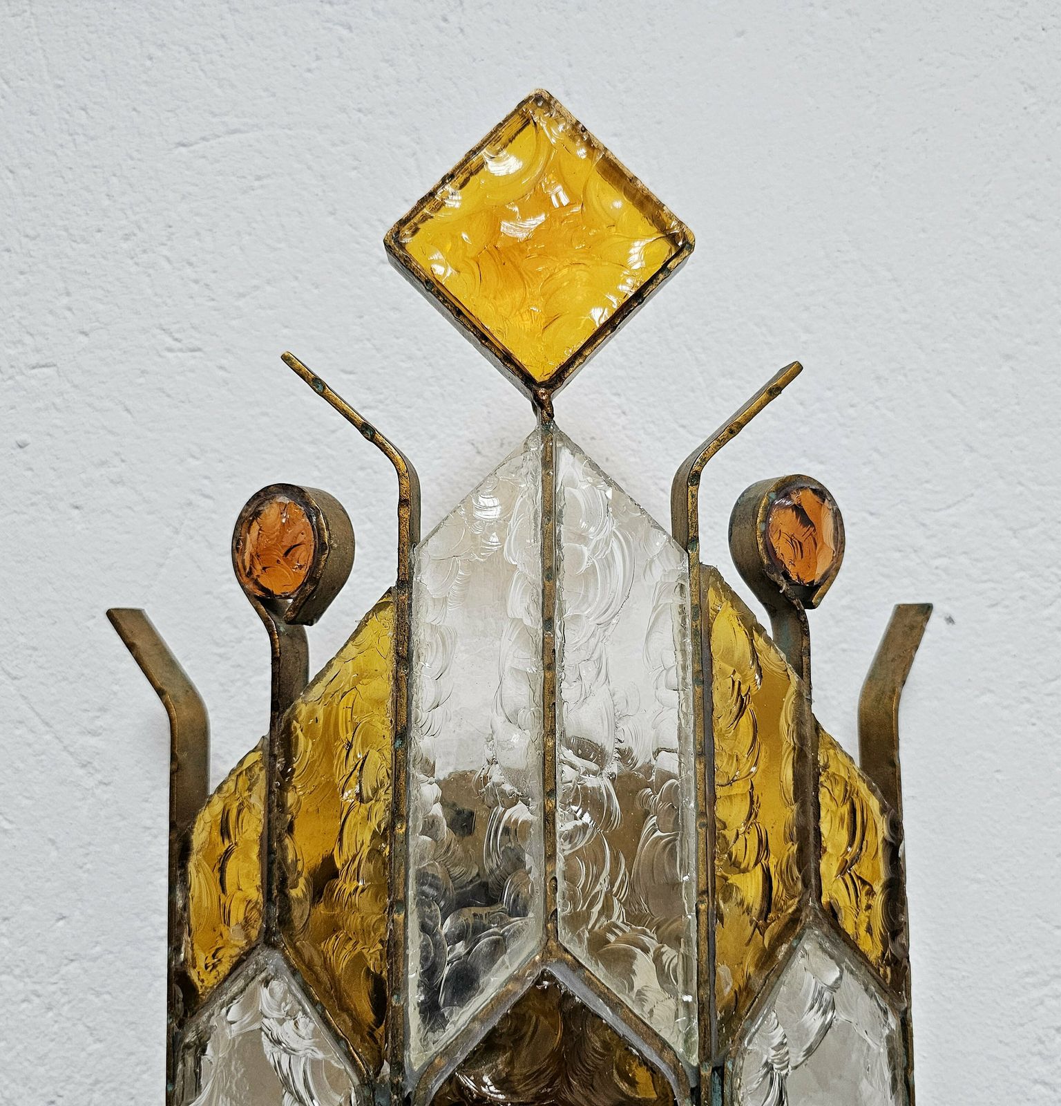 Spectacular Brutalist Sconce Done In Brass And Hammered Glass By Biancardi And Jordan Arte // Made In Italy In 1970s photo vintage