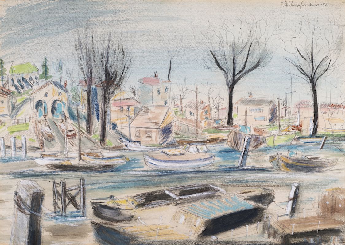 Paddy Carstairs   Modern British Watercolour Landscape Of Boats At Teddington Lock