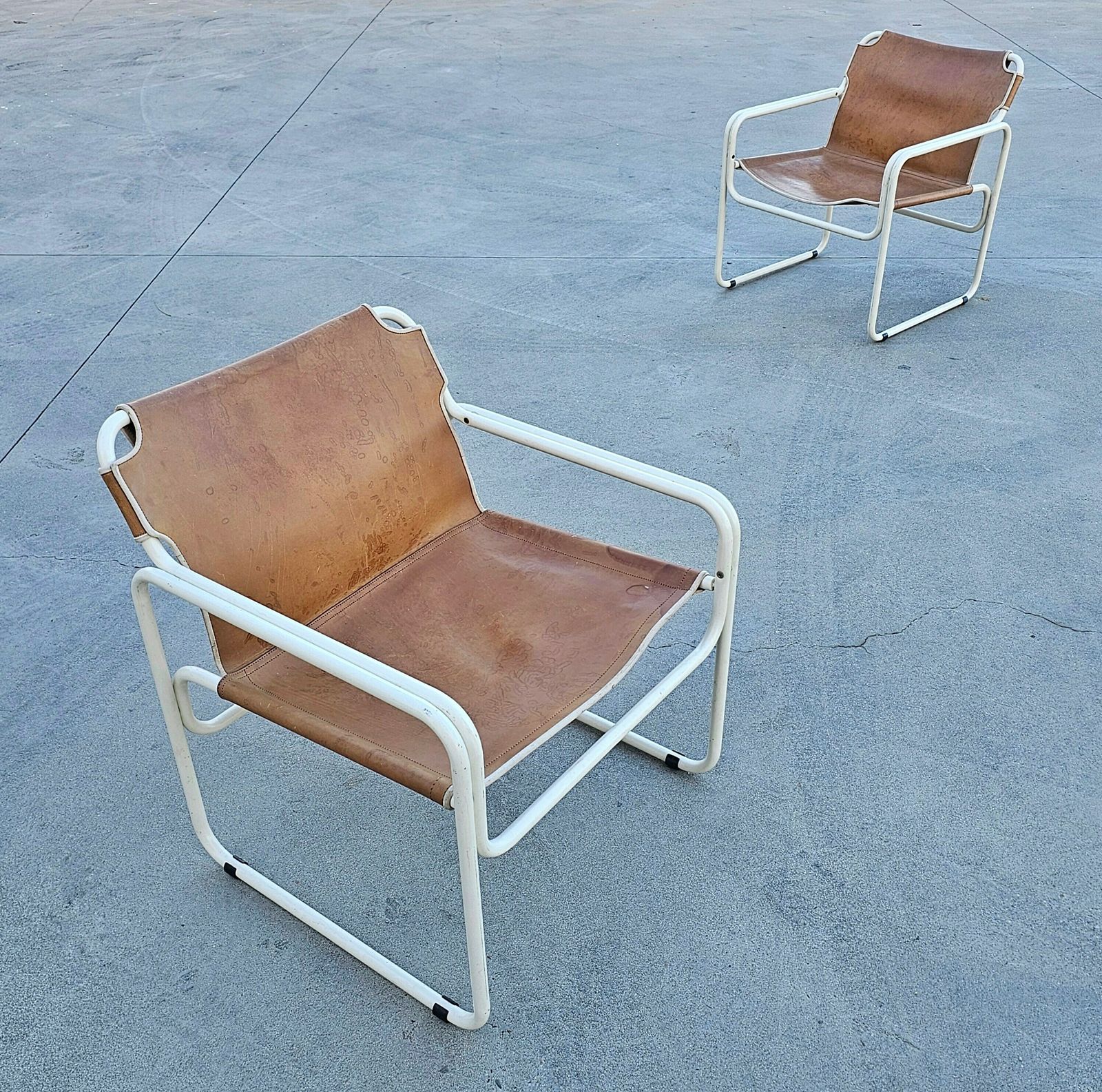 Pair Of Bauhaus Style Tubular Easy Chairs In Cognac Leather By Jox Interni // Made In The Netherlands In 1970s