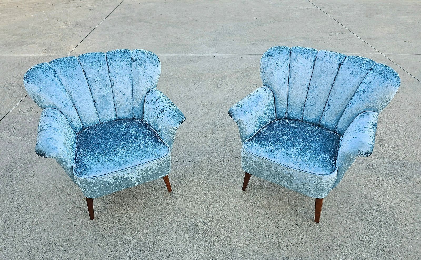 Pair Of Danish Mid Century Modern Club Or Lounge Chairs Reupholstered In Ice Blue Plush // Made In Denmark In 1950s