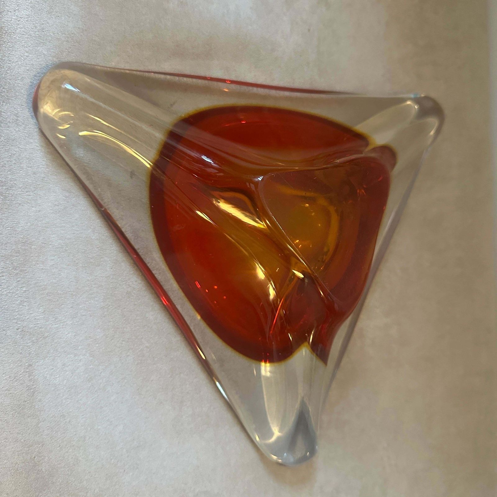 A 1960s Modernist Red Sommerso Murano Glass Large Triangular Ashtray By Seguso photo vintage
