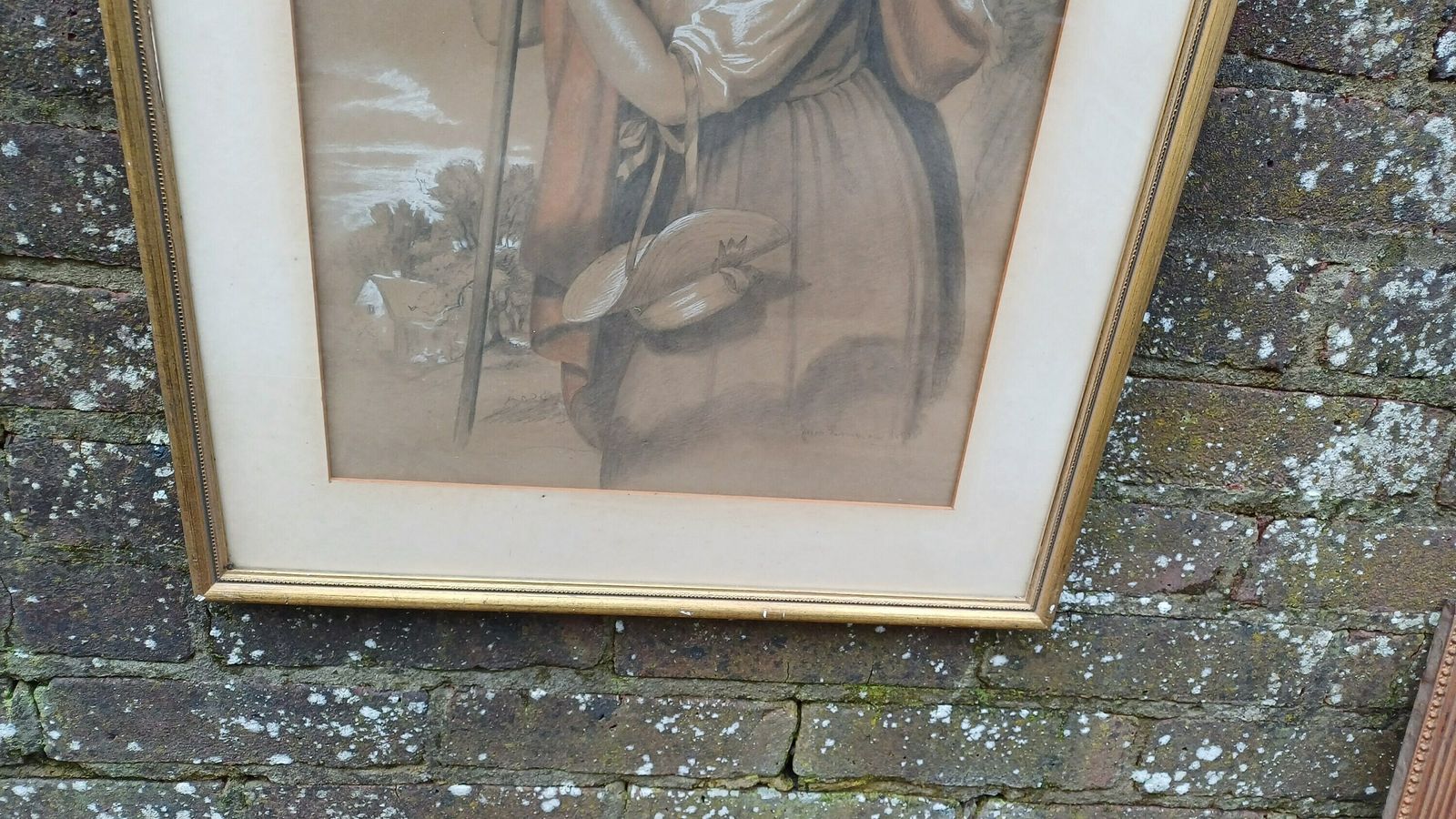 Large Vintage Hand Tinted Print Woman Gardening Jacob Thompson. photo for sale