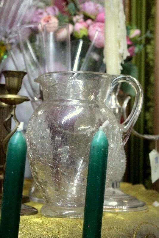 89.9 Antique French Parisian Crackle Glass Jug Clear Glass Vitorian Time photo