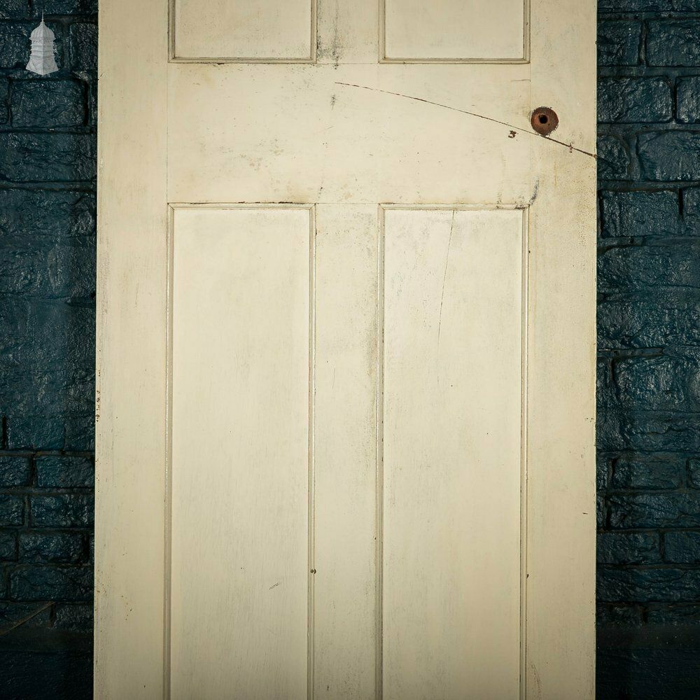 Pitch Pine Panelled Door, 4 White Painted Moulded Panels photo vintage