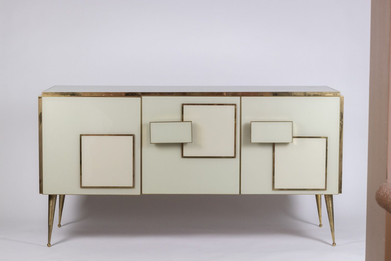 photo for sale Geometric Sideboard In Glass And Gilded Brass. Contemporary Italian Work.