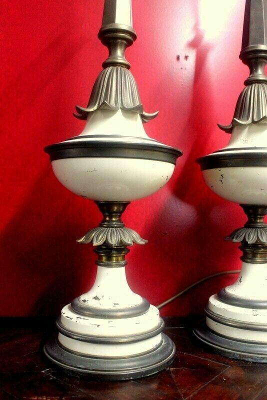 Antique 1960s Pair Of Stiffel Brass Torchiere Table Lamps photo Lighting