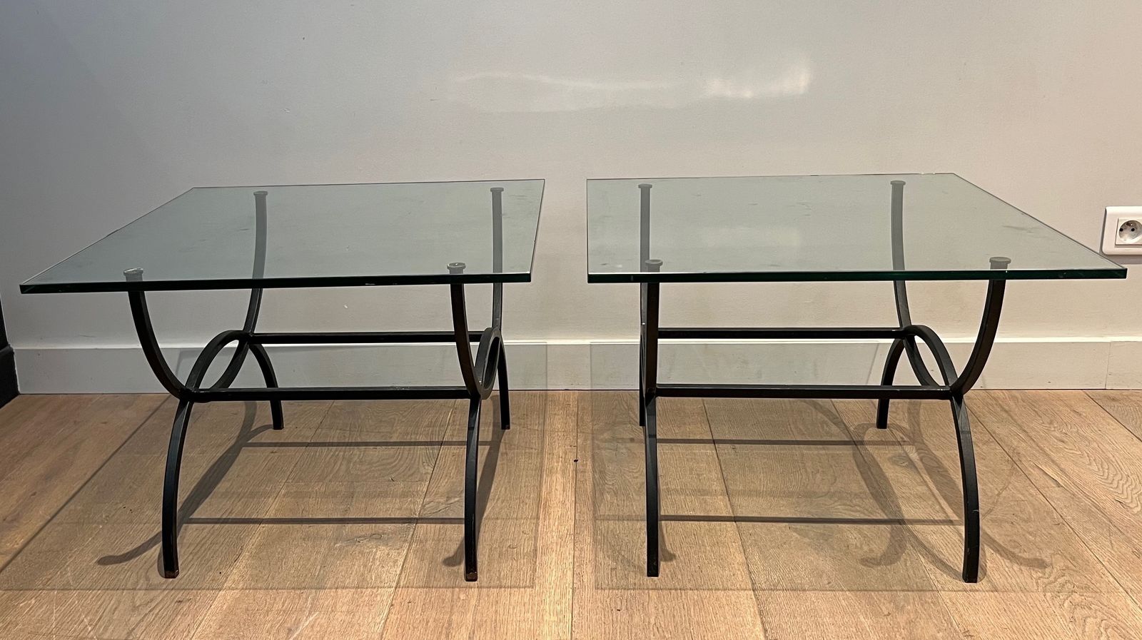 photo buy Pair Of Sofa Ends In Black Lacquered Metal. French Work. Around 1950