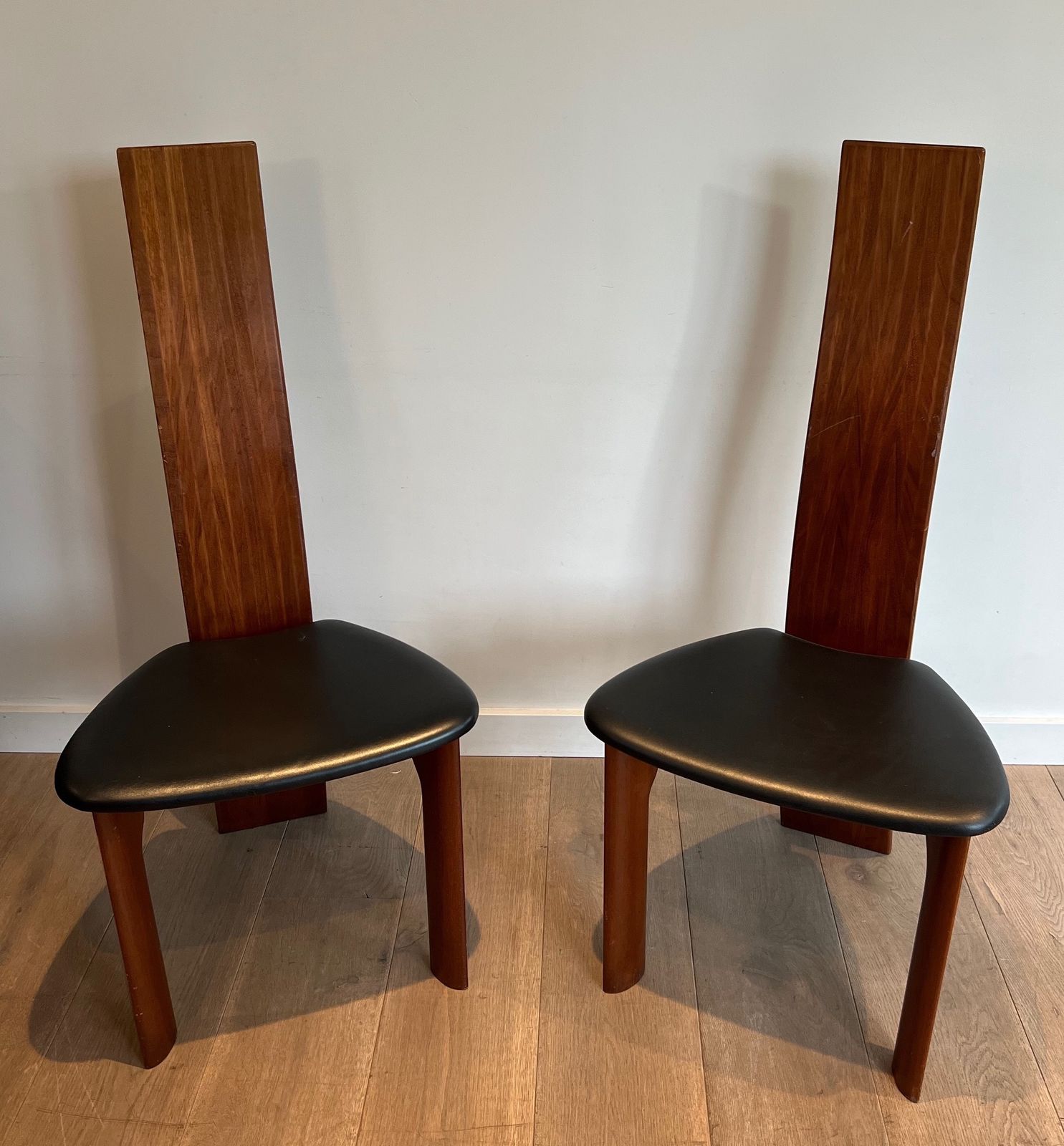 photo for sale Pair Of Chairs In Exotic Wood And Leather. Scandinavian Work. Around 1970