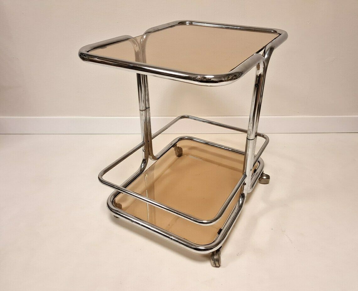 Vintage Hollywood Regency Chromen Trolleytafel Met Rookglas. Mid Century Rijdende Barkar photo vintage