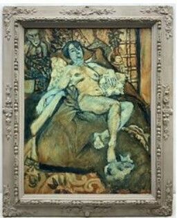 Raymond Arthur Roadnight (British 1941 ): Reclining Nude With Cat, Oil On Canvas photo furniture