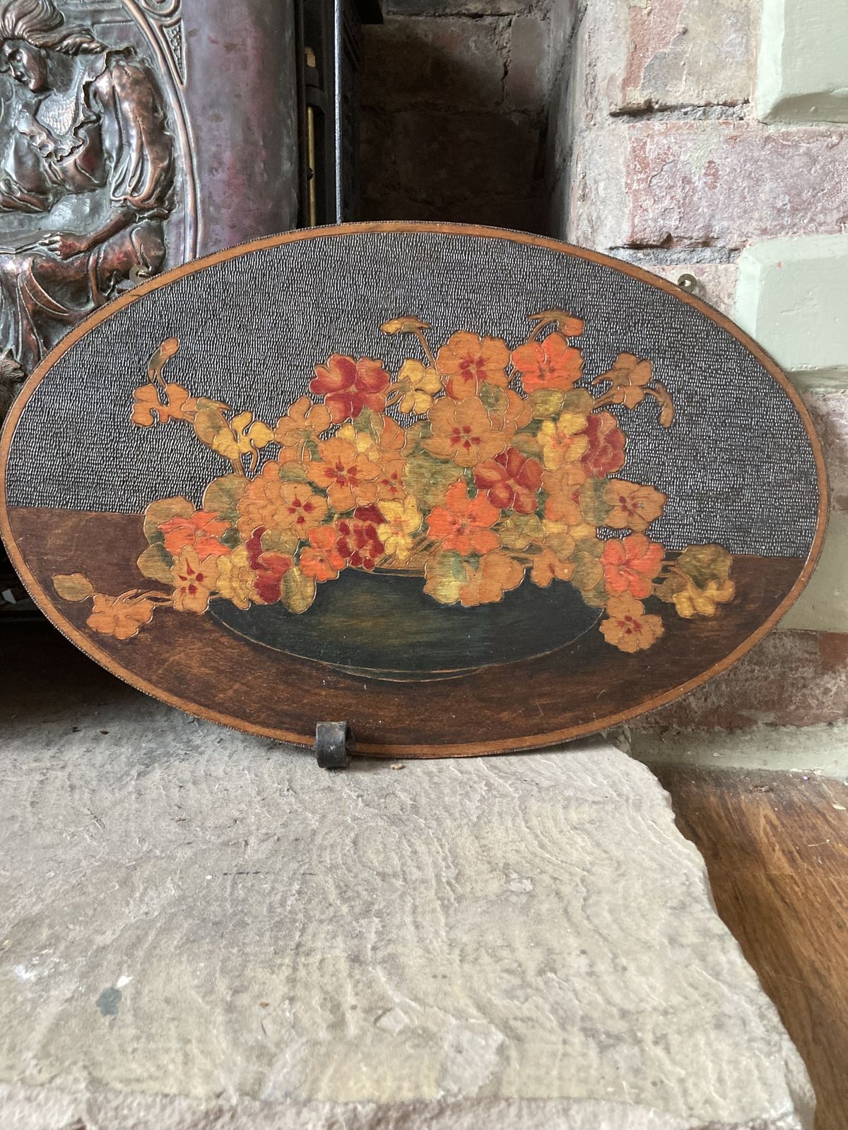 Pair Of Vintage Floral Painted And Poker Art Wall Hangings photo for sale