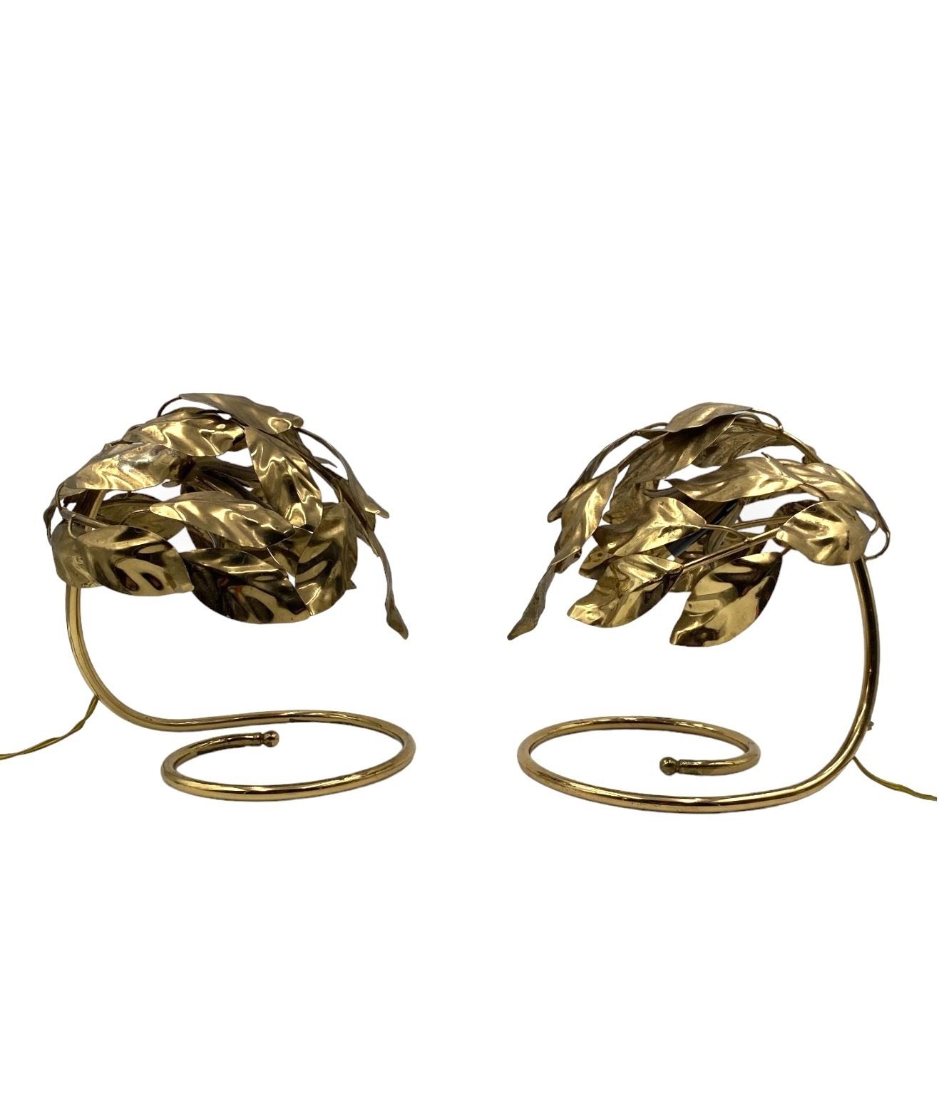 Hollywood Regency Set Of 2 Brass Leaves Table Lamps, Bottega Gadda Italy, 1970s photo Lighting