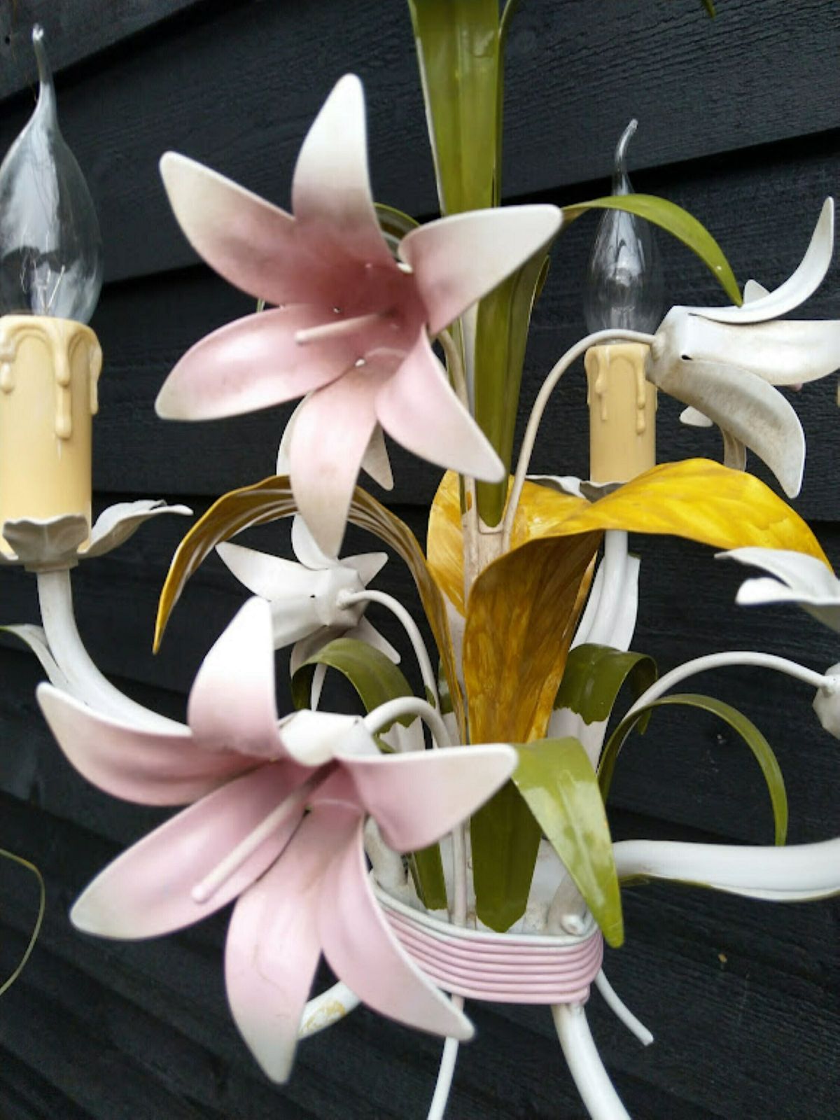 French Tole Chandelier Pink Lilies With Green Leaves 3 Arms, French Brocante Flower Chandelier, Nursery Or Girl Room Chandelier photo for sale