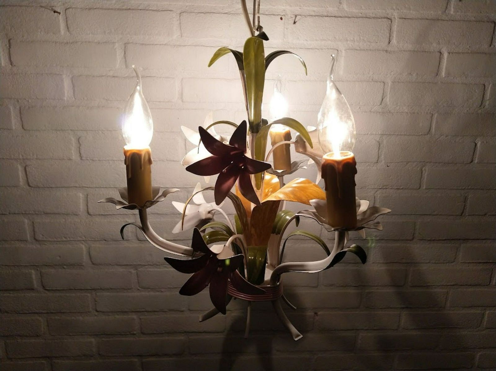 French Tole Chandelier Pink Lilies With Green Leaves 3 Arms, French Brocante Flower Chandelier, Nursery Or Girl Room Chandelier photo vintage