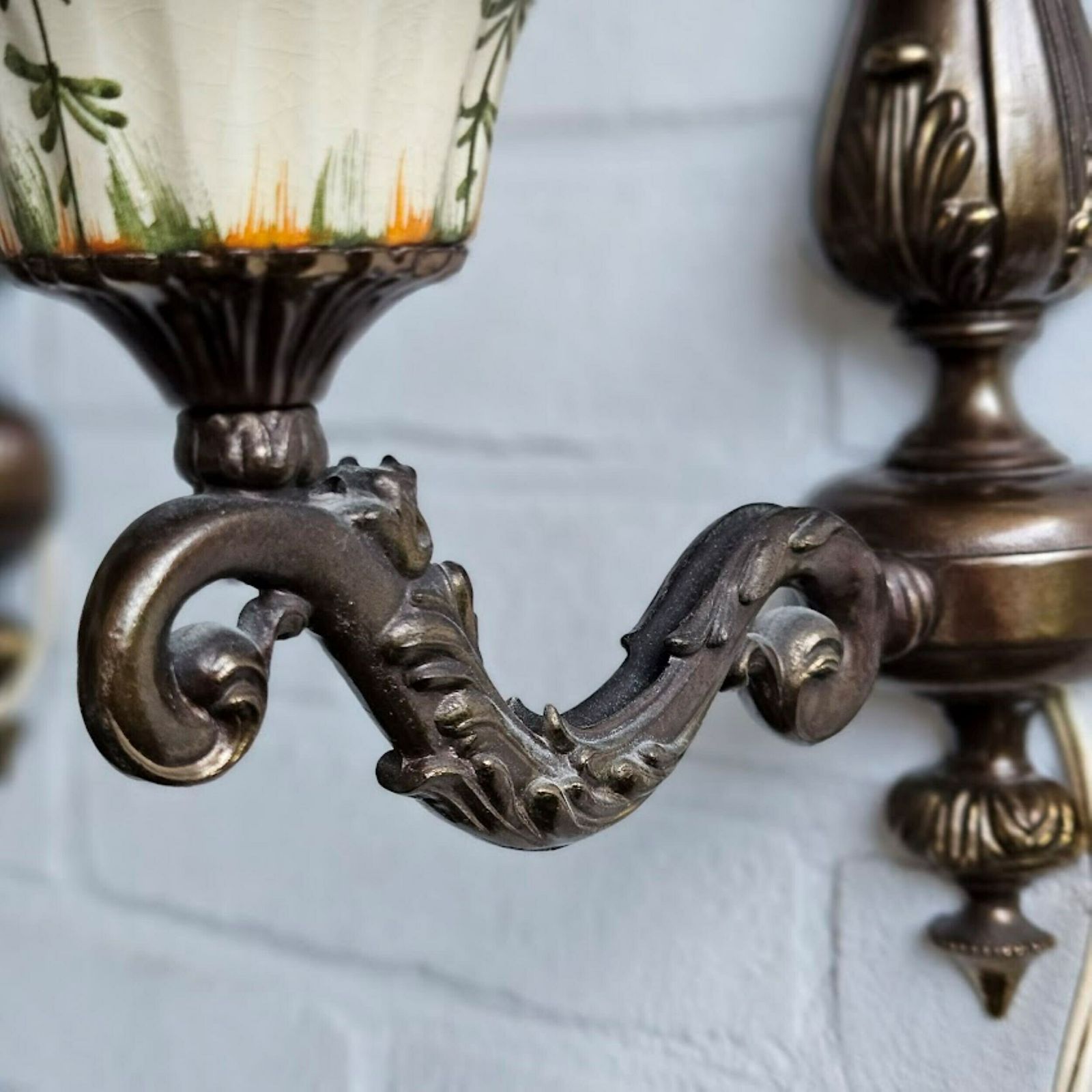 Pair Farmhouse Wall Light Sconces Brass And Hand Painted Ceramic, With Cream Lampshades, Cord And Plug, Cottage Core Sconces Set Of 2 photo 243.0