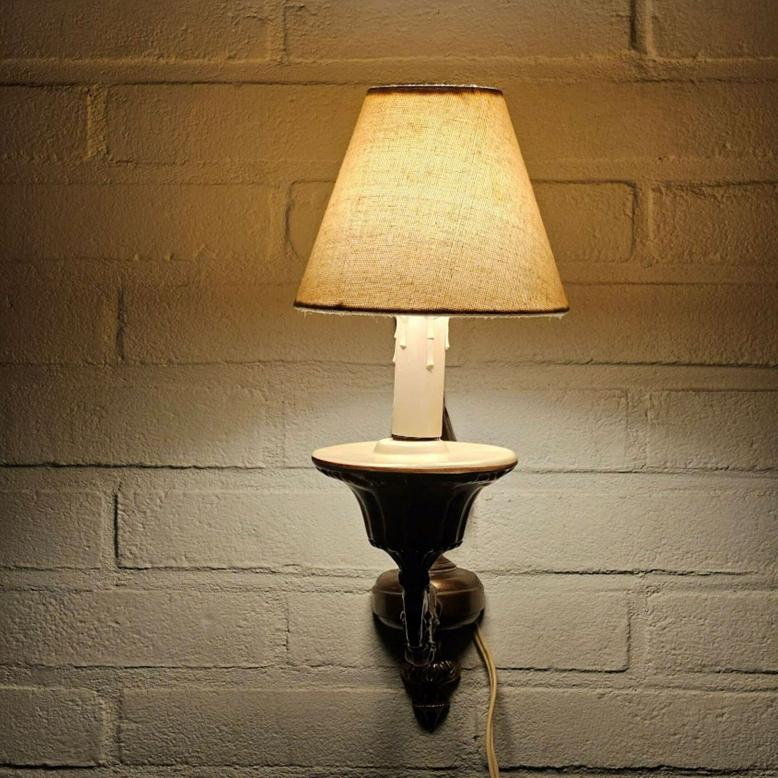 Pair Farmhouse Wall Light Sconces Brass And Hand Painted Ceramic, With Cream Lampshades, Cord And Plug, Cottage Core Sconces Set Of 2 photo buy