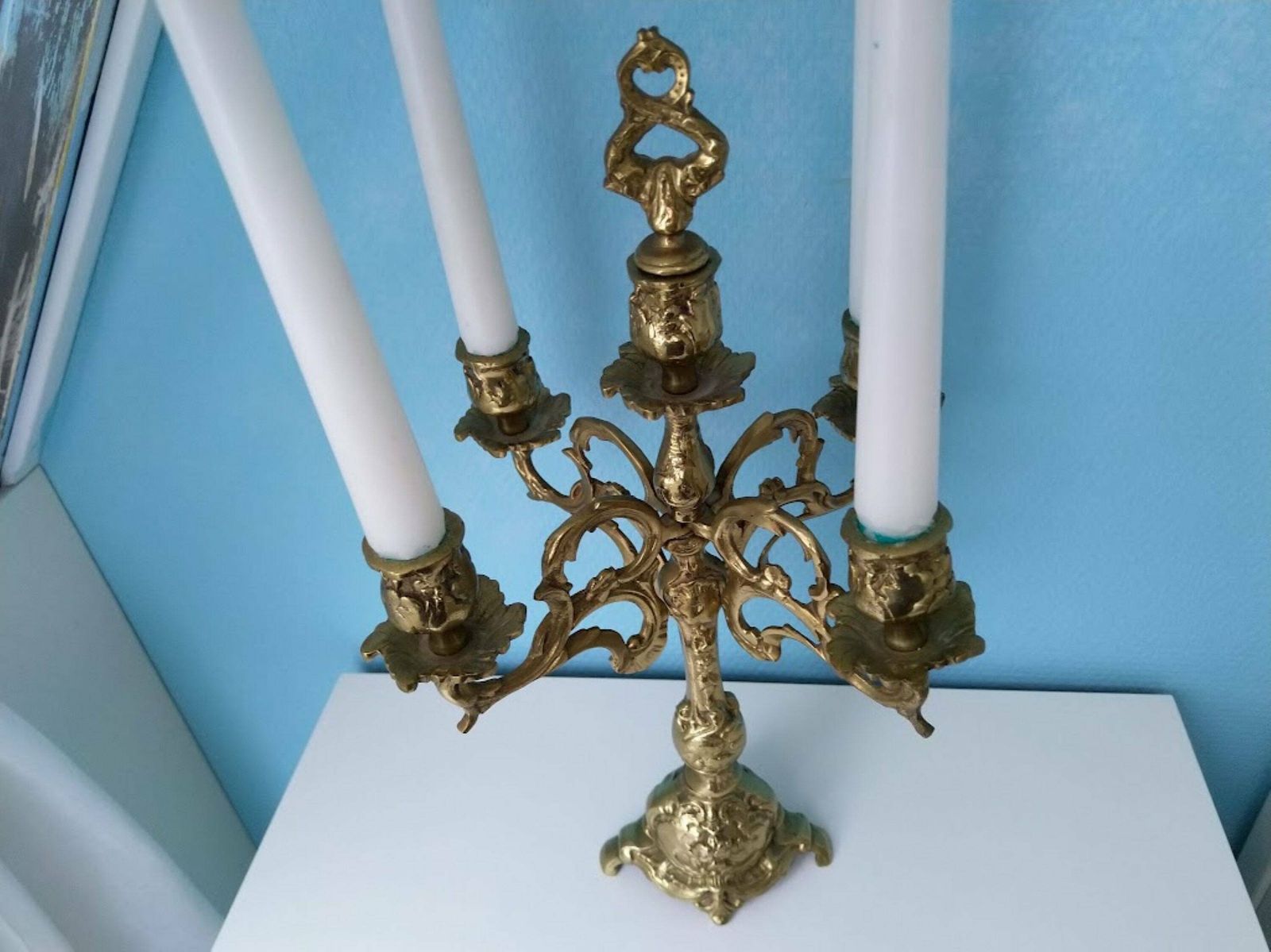 Baroque Gilded Bronze Candelabra With Snuffer 5 Candles Centerpiece, Fireplace Gold Candelabra Christmas, Wedding Candle Holder photo furniture