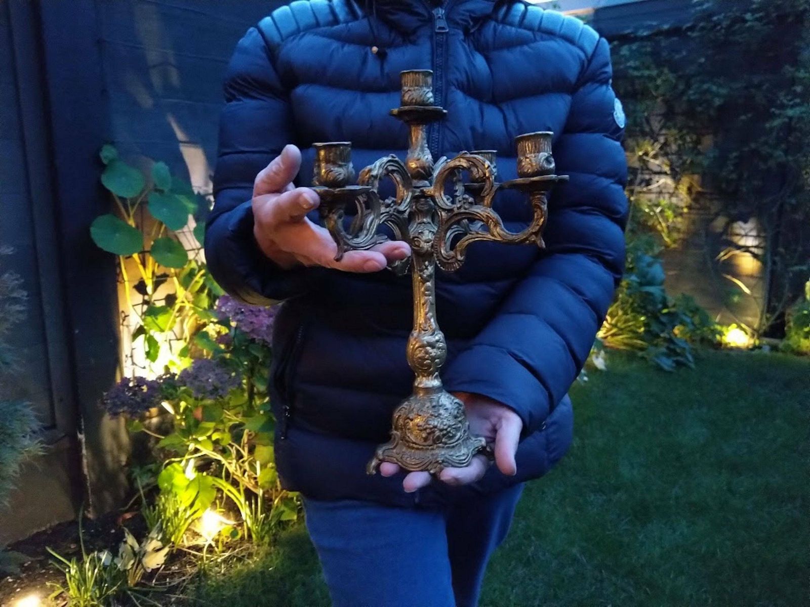 photo for sale Baroque Gilded Bronze Candelabra With Snuffer 5 Candles Centerpiece, Fireplace Gold Candelabra Christmas, Wedding Candle Holder