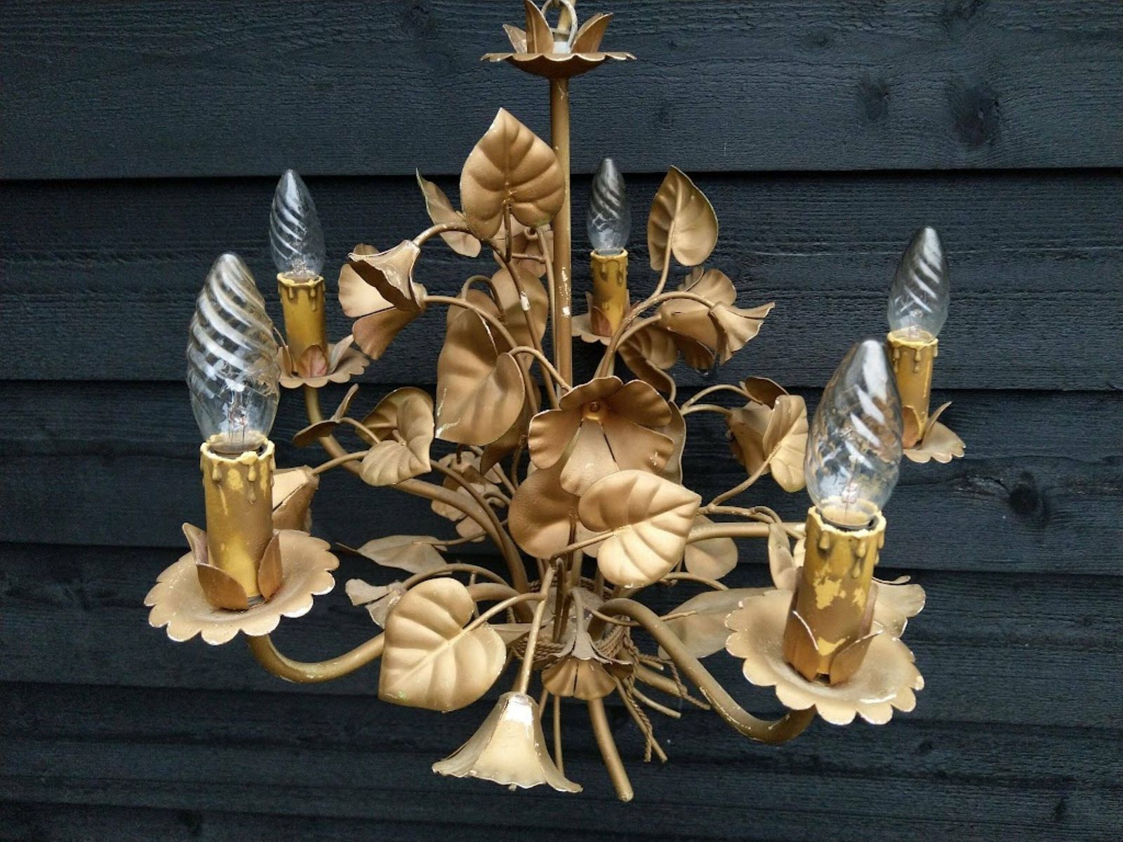 Italian Tole Chandelier With Flowers And Leaves 5 Arms Copper/Old Gold Color, Hollywood Regency Style, Wedding Chandelier photo for sale