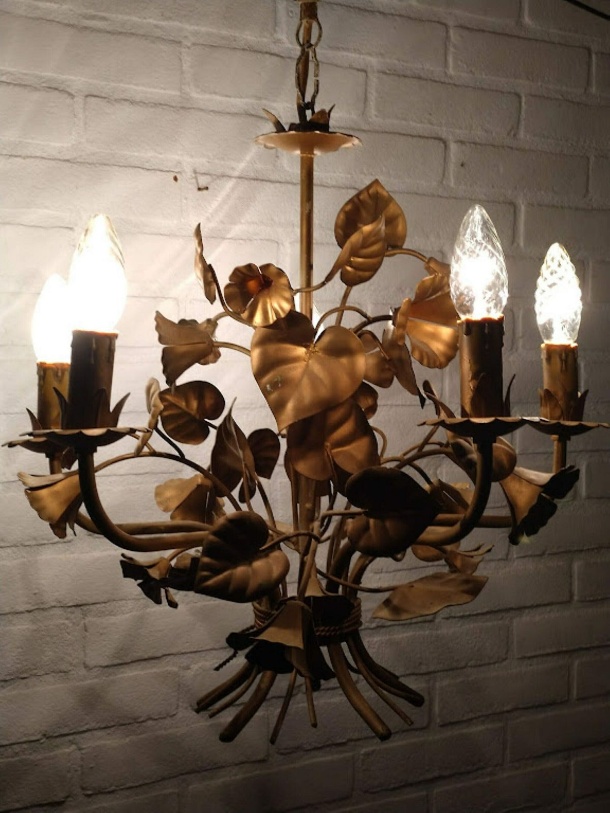 Italian Tole Chandelier With Flowers And Leaves 5 Arms Copper/Old Gold Color, Hollywood Regency Style, Wedding Chandelier photo vinterior