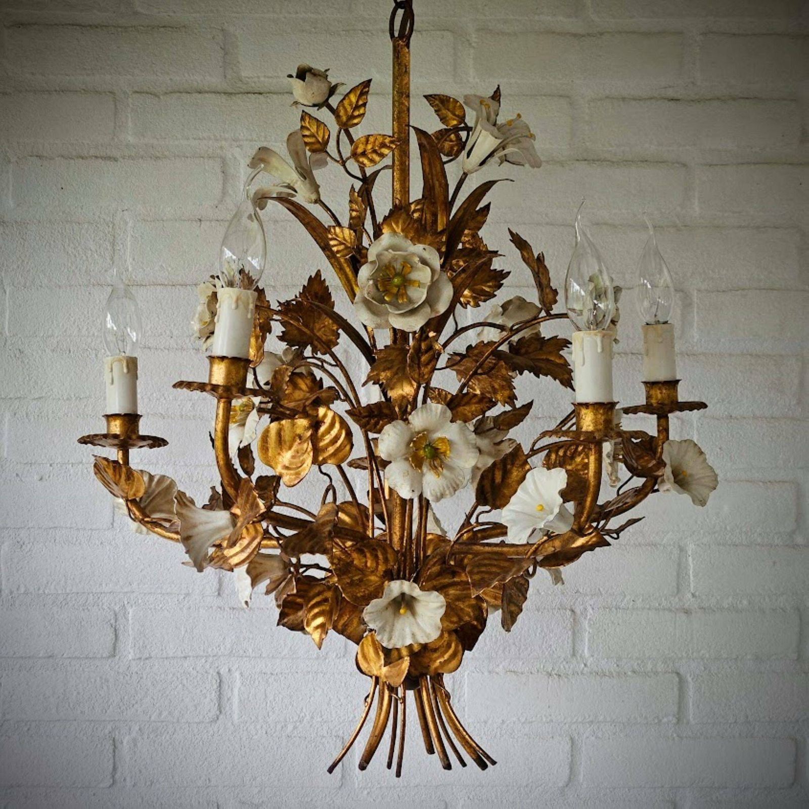 Italian Tole Flower Chandelier Copper Gold And White 5 Arms, Hollywood Regency Chandelier, Mid Century Chandelier photo furniture