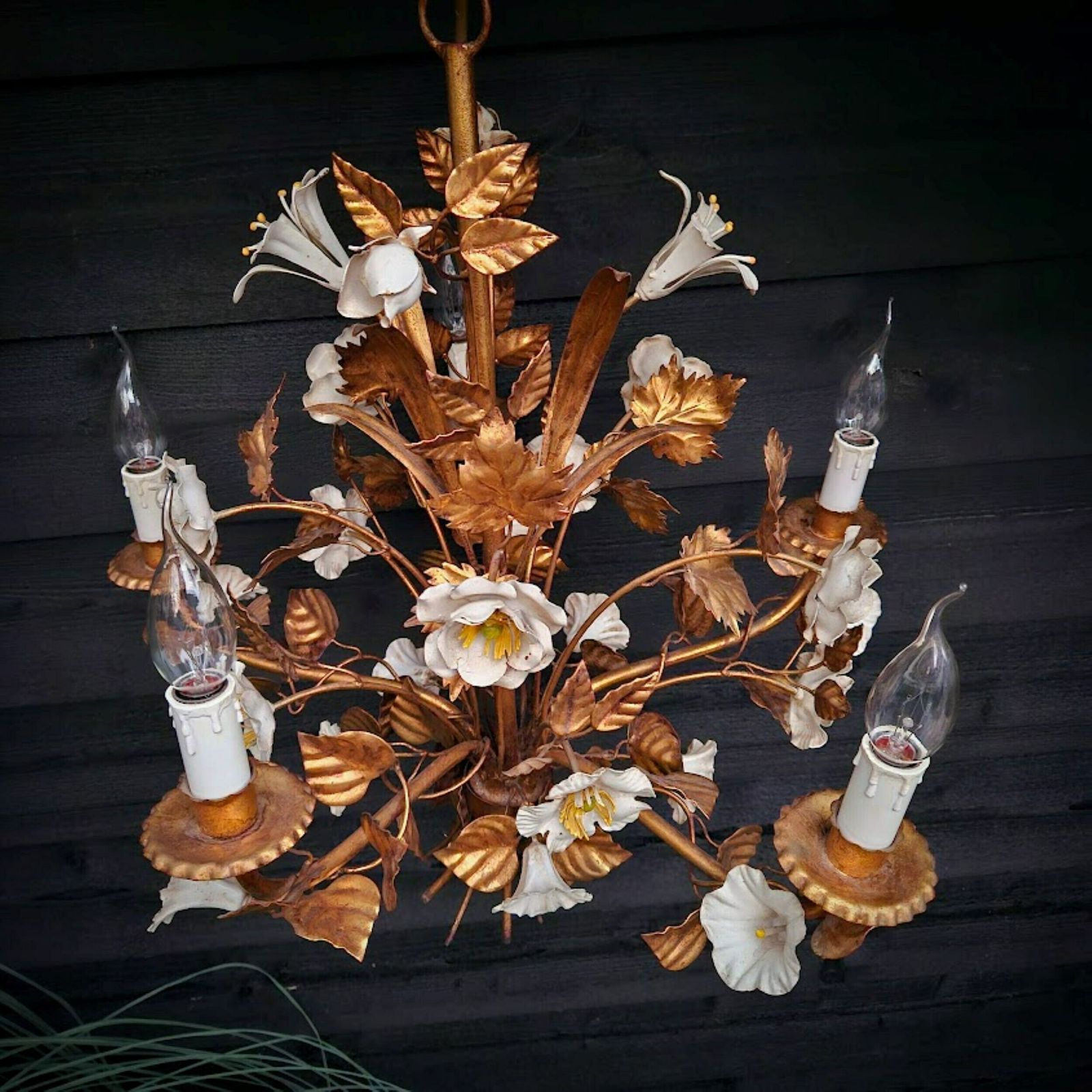 Italian Tole Flower Chandelier Copper Gold And White 5 Arms, Hollywood Regency Chandelier, Mid Century Chandelier photo Lighting