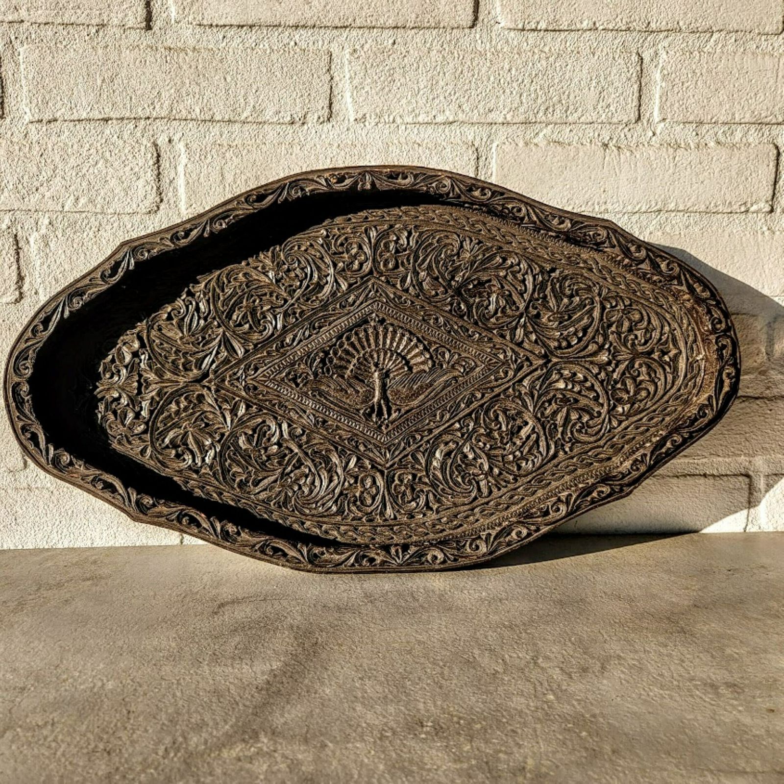 Black Carved Wood Tray Peacock Decor, Indonesian Colonial Art, New Home Gift, Indonesian Gift, Wood Anniversary Gift photo furniture