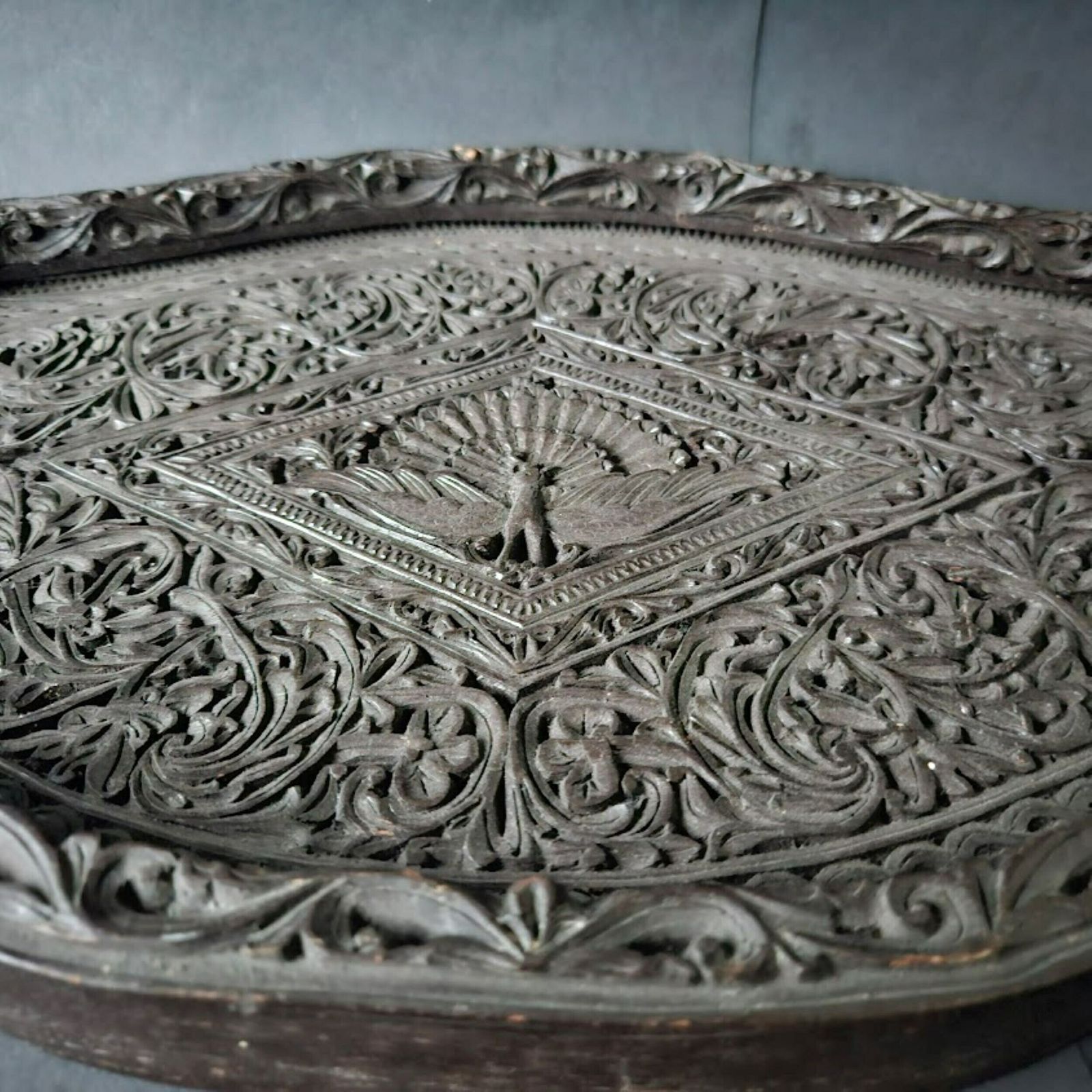 Black Carved Wood Tray Peacock Decor, Indonesian Colonial Art, New Home Gift, Indonesian Gift, Wood Anniversary Gift photo 160.0