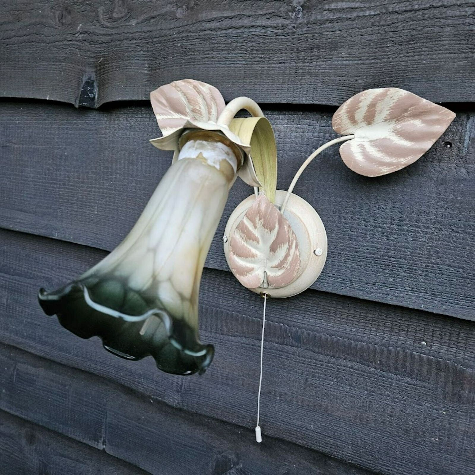 Pair Of Italian Tole Wall Sconces Light With Leaves And Lampshades Murano Glass Flowers In Shades Of Green Cream, With Switch photo Lighting