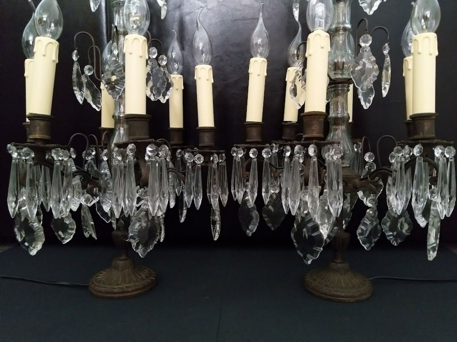Antique Pair Of Large French Girandole Electrified, Table Lamps With Crystals, 6 Bulbs, Switch And Plug photo buy