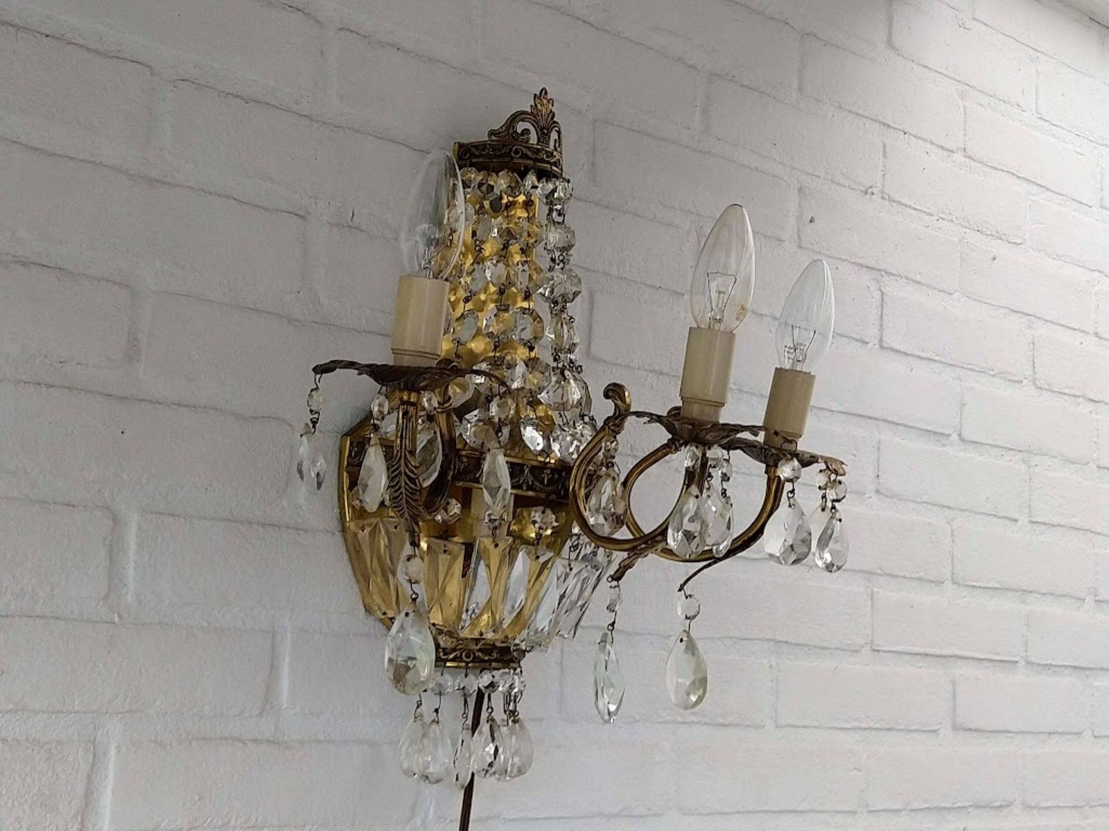 Large Crystal Wall Sconce French Empire Style Montgolfier 3 Arms, Vintage French Wall Light, Crystal And Brass Wall Lamp photo Lighting
