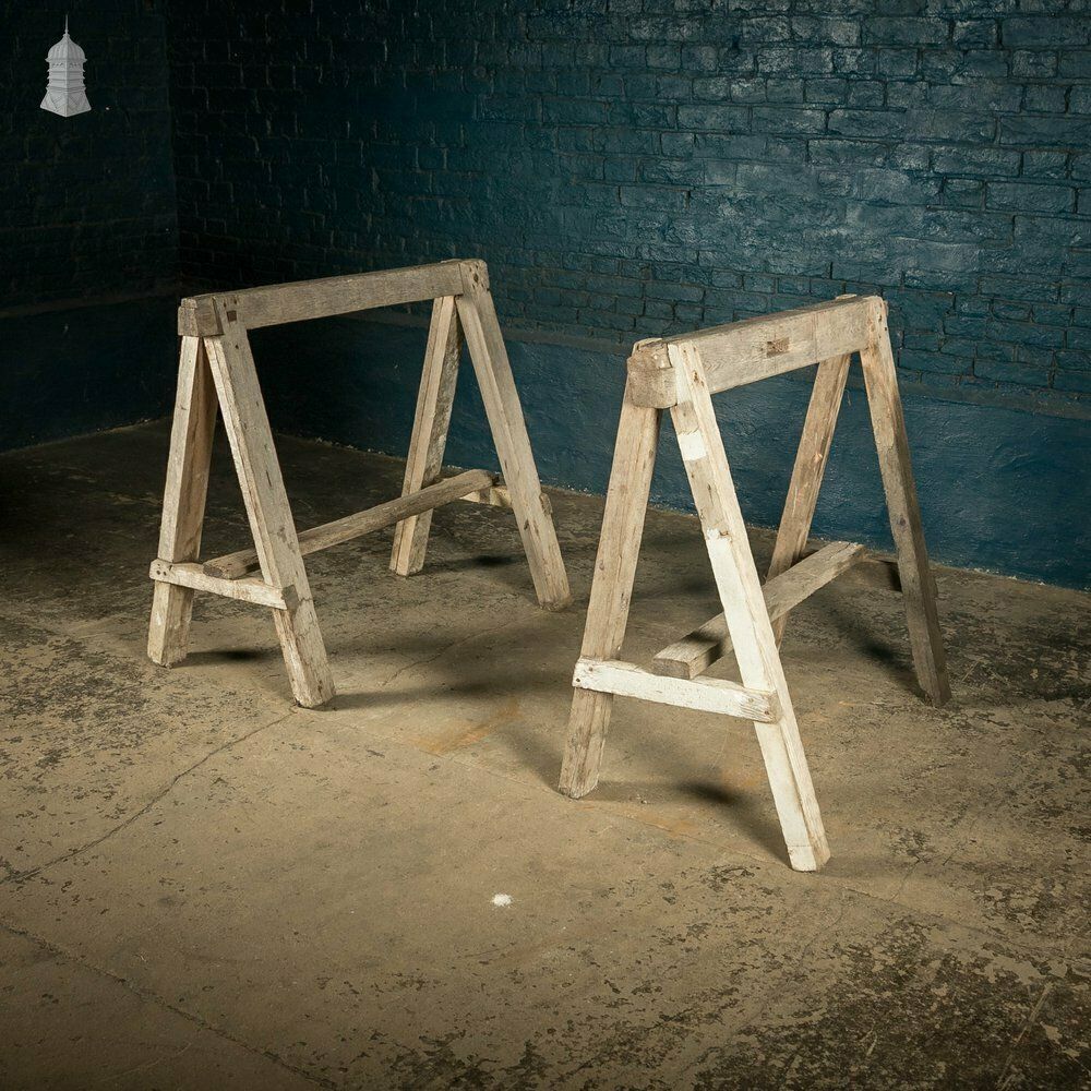 Vintage Wooden Trestles, Pair Of Rustic Workshop Trestles photo for sale