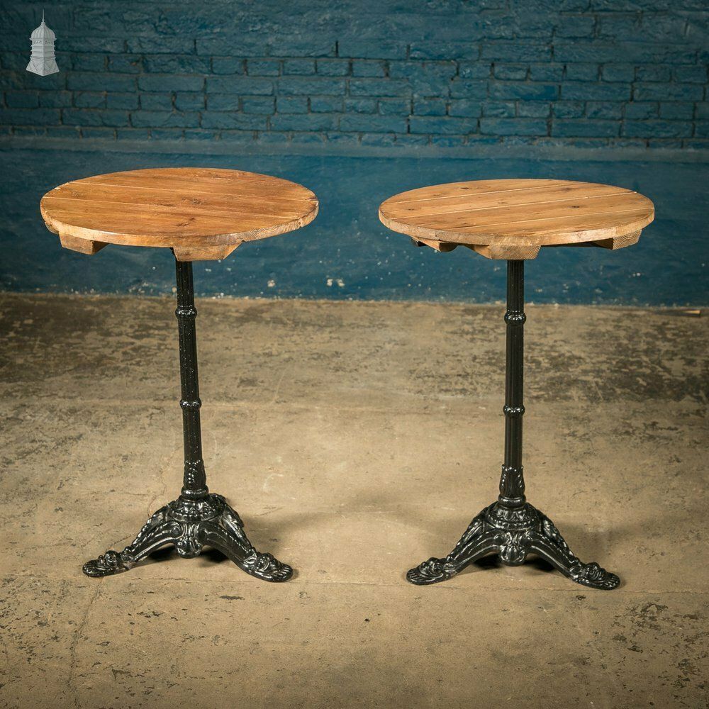 Round Bistro Tables, Reclaimed Pine Tops On Cast Alloy Bases, Pair photo for sale