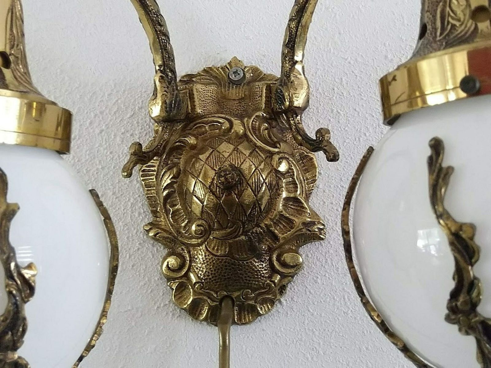 Double Brass Sconce Art Nouveau Style With Milk Glass Globes Lampshades photo 200.0