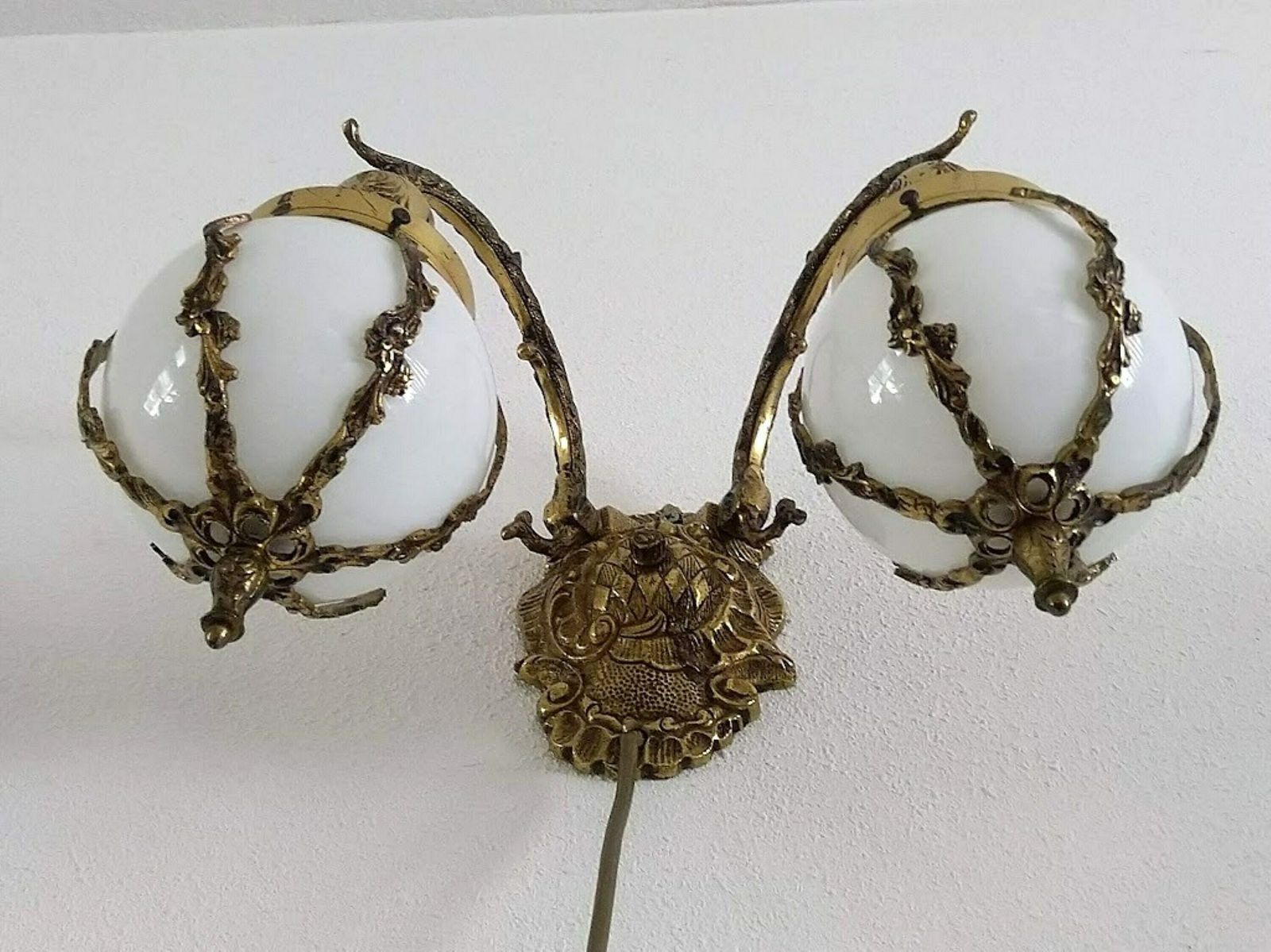 Double Brass Sconce Art Nouveau Style With Milk Glass Globes Lampshades photo vintage